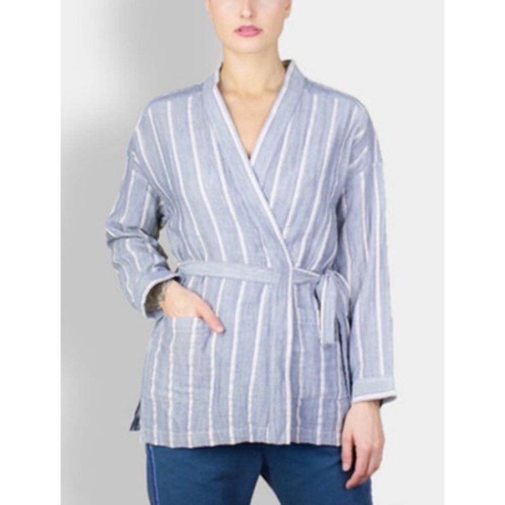 Xirena Jacket Womens XS Gray Striped Cotton Kimono Belted Shirt Lightweight Top